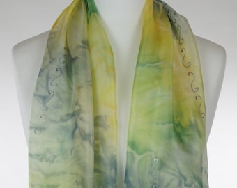 Grey yellow scarf, grey silk scarf, yellow silk scarf, green scarf, hand dyed scarf, silk scarf, handmade scarf, birthday gift, gift for her