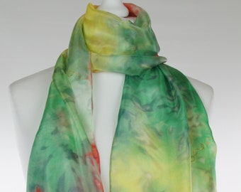 Handmade scarf, green silk scarf, red silk scarf, hand dyed scarf, silk scarf, long scarf, yellow silk scarf, gift for her, gift for woman