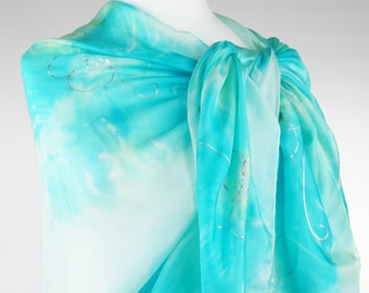Large silk scarf, green scarf, green white scarf, silk pareo, silk scarf, hand dyed scarf, handmade scarf, christmas gift for her