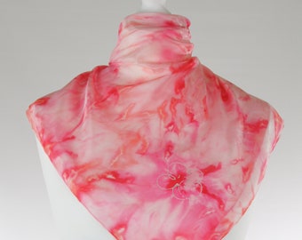 Square silk scarf, pink scarf, red scarf, white scarf, hand dyed scarf, silk scarf, handmade scarf, hand band, birthday gift, gift for her
