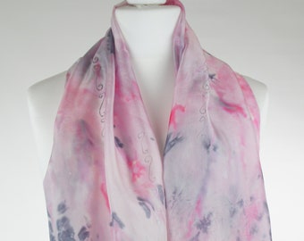 Pink silk scarf, white scarf, hand dyed silk scarf, handmade scarf, christmas gift, birthday gift, gift for her