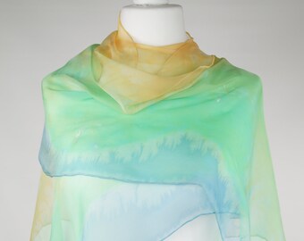 Long silk scarf, blue green scarf, muslin scarf, handmade silk scarf, hand dyed scarf, gift for her