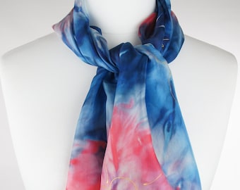 Blue red scarf, dark blue scarf, hand dyed scarf, silk scarf, handmade scarf, christmas gift, gift for woman