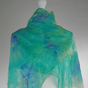 Green blue scarf, long silk scarf, green silk scarf, blue scarf, yellow scarf, handmade scarf, hand dyed scarf, silk scarf, gift for a woman