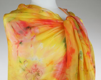 Large silk scarf, yellow silk scarf, pareo silk scarf, hand dyed silk scarf, handmade scarf, summer scarf