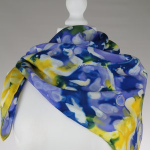 Square silk scarf, blue white scarf, dot scarf, yellow scarf, rectangular scarf, hand dyed scarf, silk scarf, handmade scarf, gift for her