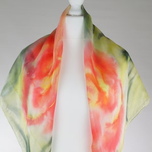 Light green red floral hand dyed pure silk scarf, handmade gift for her