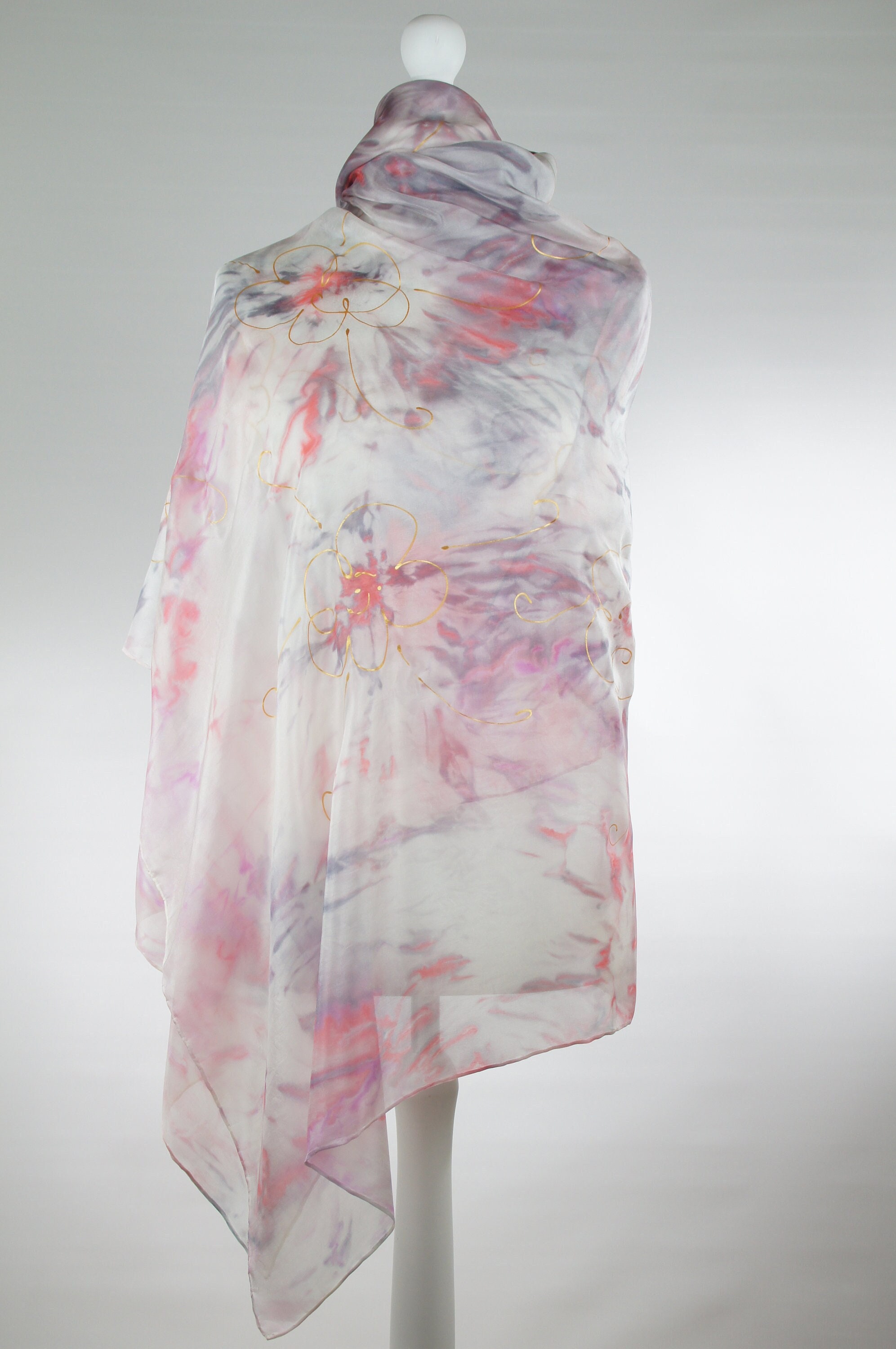 Large silk scarf, grey white scarf, grey scarf, pink scarf, long silk scarf, handmade silk scarf, hand dyed scarf, big scarf, gift for her