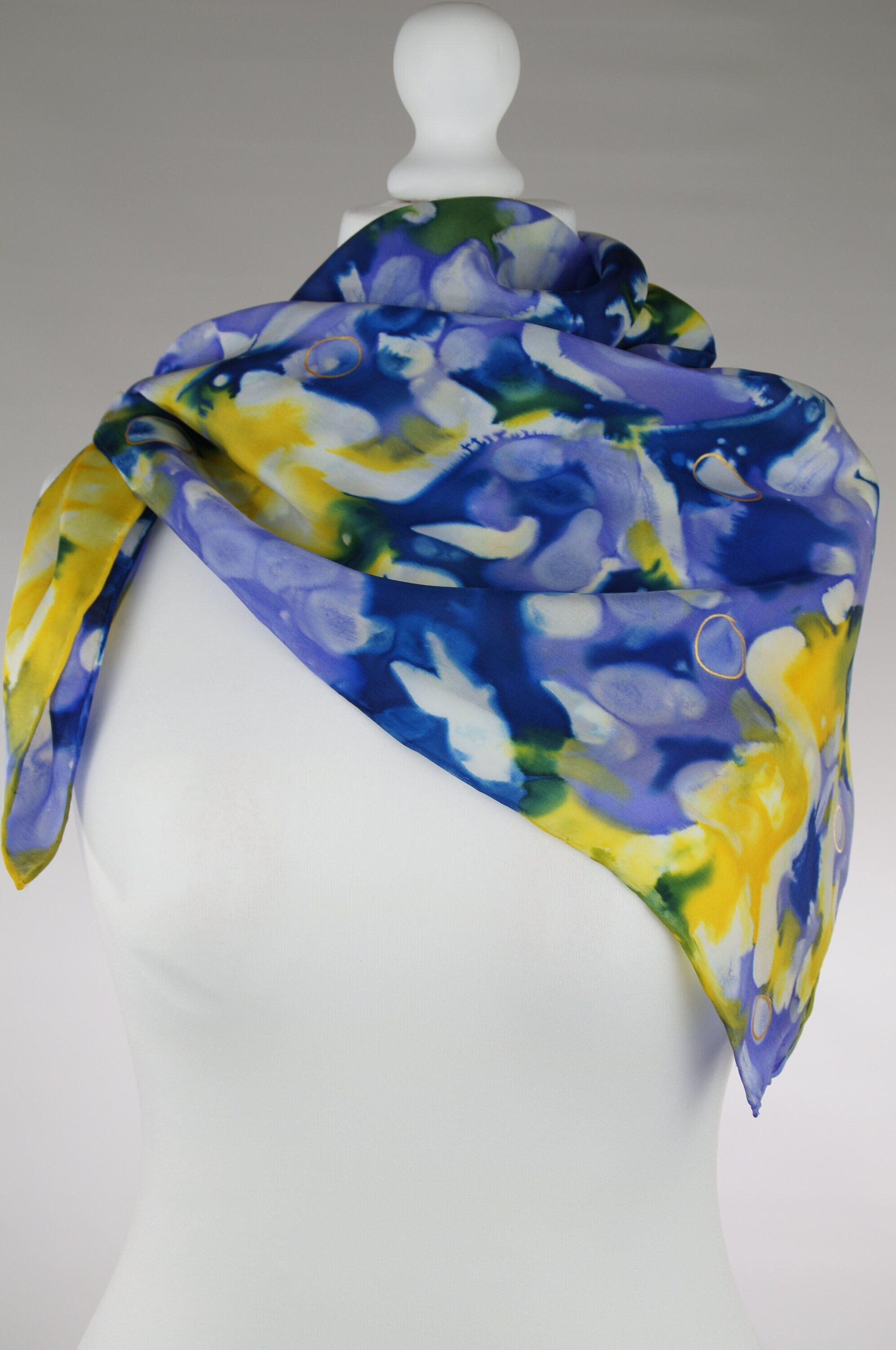 Square silk scarf, blue white scarf, dot scarf, yellow scarf, rectangular scarf, hand dyed scarf, silk scarf, handmade scarf, gift for her