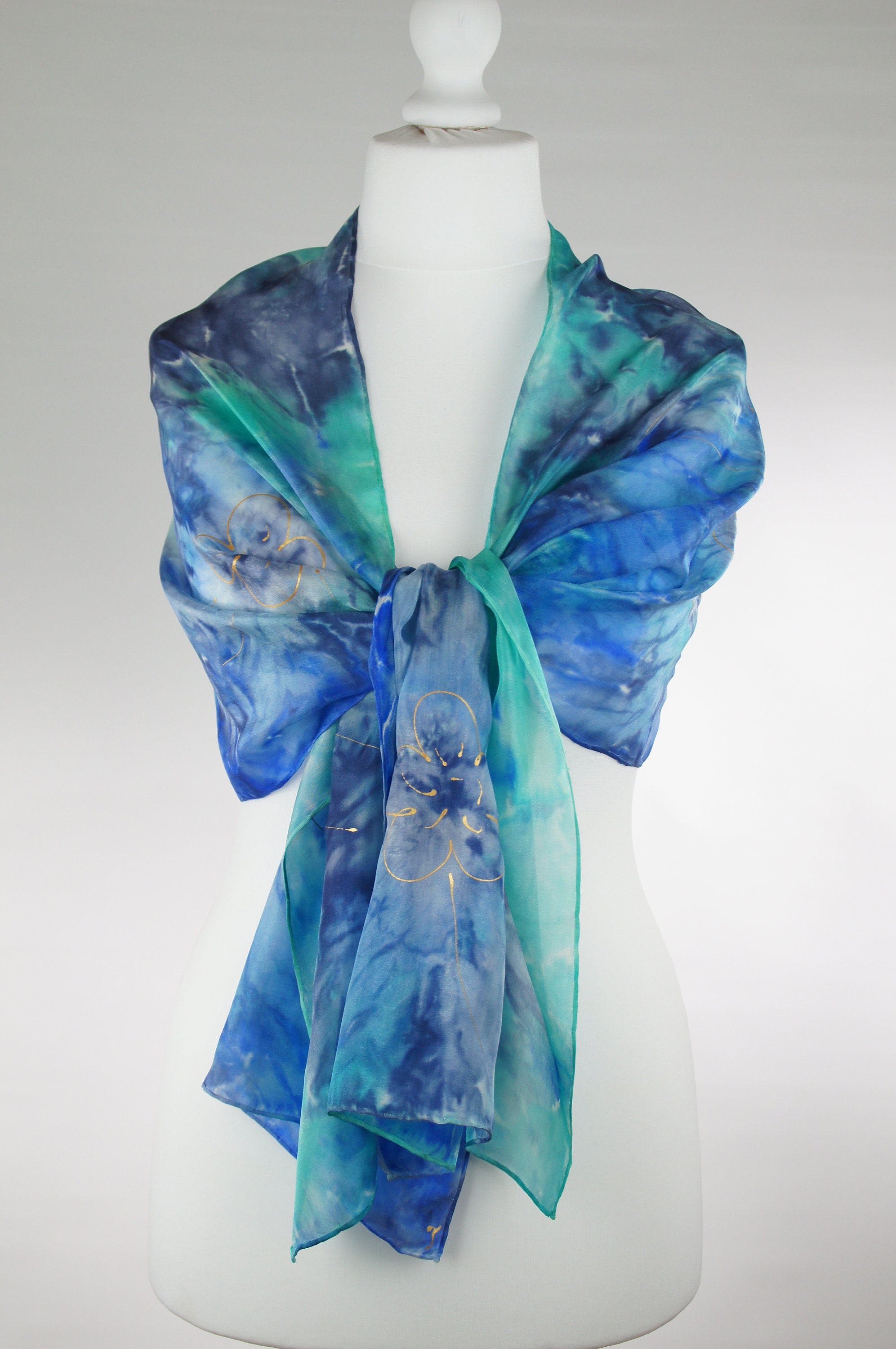 Blue silk scarf long silk scarf hand dyed scarf handmade | Etsy