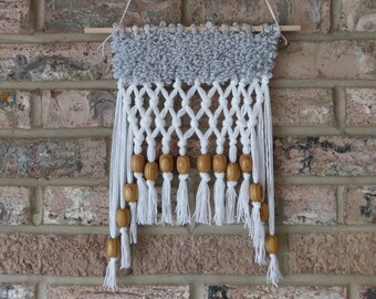 Wall Hanging - woven and beaded, white/blue