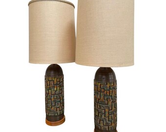 Mid-Century Modern Ceramic and Wood Lamps, a Pair