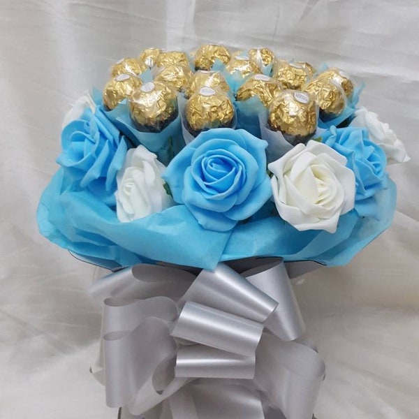Luxury Light Blue Ferrero Rocher Chocolates Bouquet- Sweet Gift Hamper