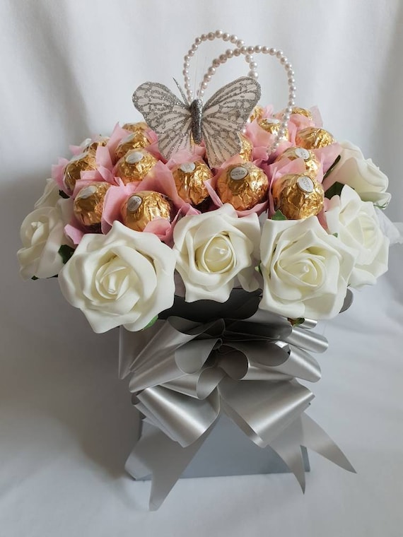 Ferrero Rocher Pink/silver Butterfly Pearls Chocolate Bouquet Any Ocassion  