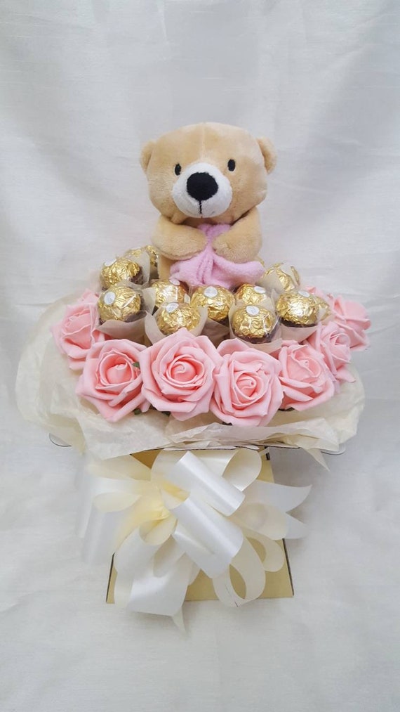 Ferrero Rocher Pink Roses Silver Butterfly Chocolate Bouquet Any