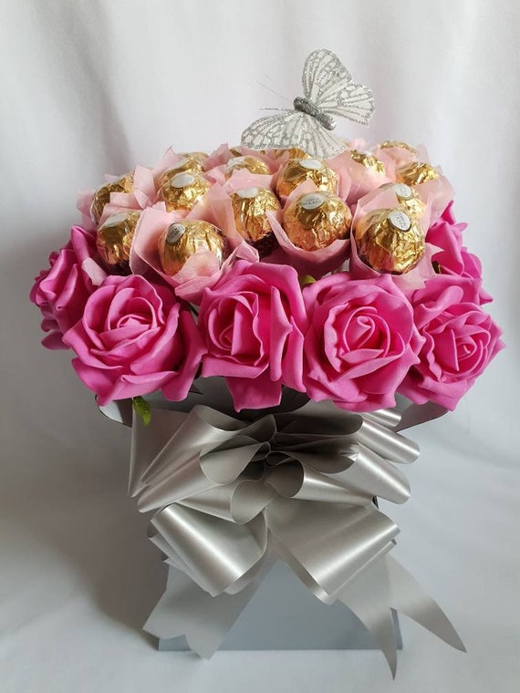 Ferrero Rocher Pink Roses Silver Butterfly Chocolate Bouquet- Any Ocassion