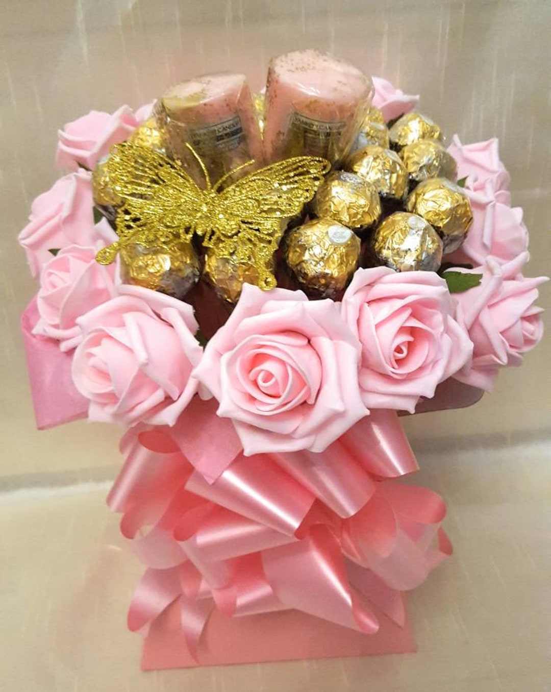 Ferrero Rocher Pink Roses Silver Butterfly Chocolate Bouquet Any Ocassion -   Israel