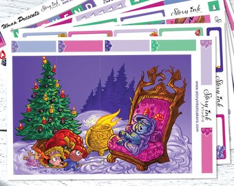 Sleeping Little Krampus Full Planner Sticker Set. Vertical standard format.