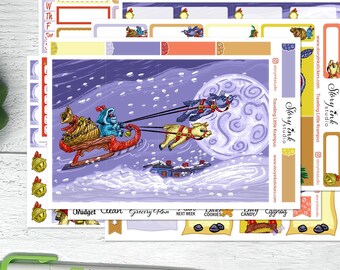 Traveling Little Krampus Full Planner Sticker Set. Vertical standard format.