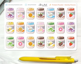 Protein Powder Stickers for planners. Comes in variety flavor illustrations.