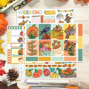 Ensemble d'autocollants hebdomadaires Tini Bear Pumpkin Patch Planner. Parfait pour un agenda vertical standard de 7 x 9 po.