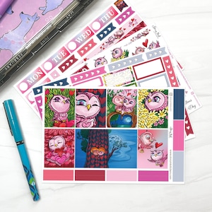 Ensemble d'autocollants hebdomadaires Mini hibou, je t'aime. Parfait pour un agenda vertical de 7 x 9 po.
