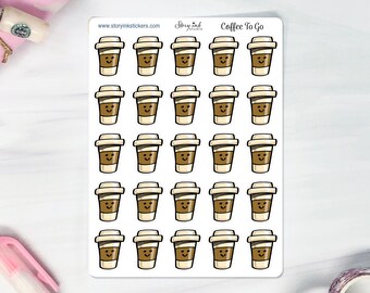 Peut inclure: Une feuille de 25 autocollants en forme de tasse à café avec un visage souriant sur chaque tasse. Les autocollants sont blancs avec des détails bruns et noirs. Le texte "Coffee To Go" est imprimé en haut de la feuille.