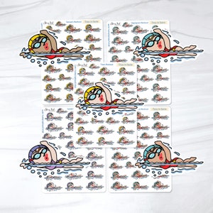 May include: A set of five sheets of stickers featuring a cartoon swimmer in various poses. Each sheet has the text "Time to Swim" and the name of a workout. The swimmer is wearing a red swimsuit, goggles, and a swim cap. The stickers are on a white background.