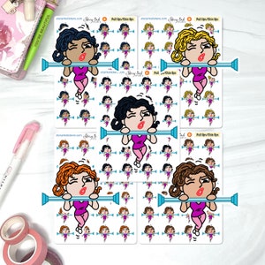 May include: A set of four sticker sheets featuring cartoon illustrations of people doing pull-ups. Each sheet has a different person with different hair colors and styles. The stickers are on a white background with the text "Story Ink Studio" and "Pull Ups/Chin Ups" on each sheet.