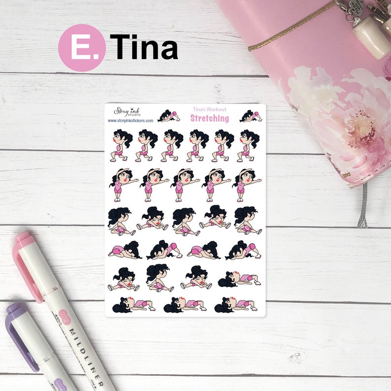 Stretching Workout Planner Stickers: Fitness Tracker Stickers E. Tina