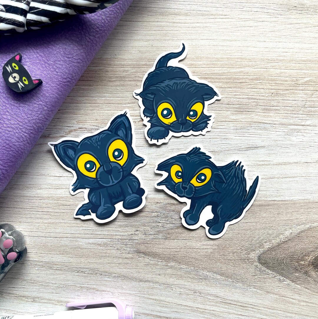 2" Spooky Cute Black Cat Die Cut, Vinyl Matte Stickers. Set of 3 With ...