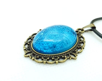 Blue and Bronze Abstract Victorian Oval Pendant. Beautiful and unique one of a kind, Original Art Piece.