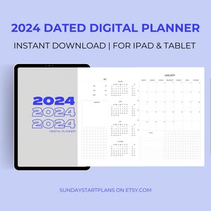 Könnte beinhalten: Ein digitaler Planer für 2024 auf einem Tablet, mit einem weißen Stift. Der Planer zeigt ein Kalenderlayout mit dem Text "2024 DATED DIGITAL PLANNER" und "INSTANT DOWNLOAD | FOR IPAD & TABLET". Der Etsy-Shop-Name ist sichtbar.