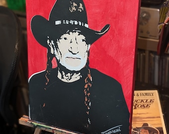 Arte original em estêncil de Willie Nelson - Lenda do Country Fora da Lei - Painel de madeira pintado à mão, 28x35 cm