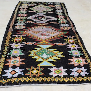 Vintage Marokkaans wollen tapijt, mooi zwart tapijt, Boujaad Runner Rug, Berber Authentieke Rug, 9x5 Runner afbeelding 5