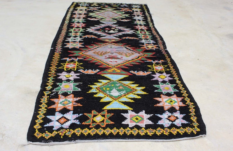 Vintage Marokkaans wollen tapijt, mooi zwart tapijt, Boujaad Runner Rug, Berber Authentieke Rug, 9x5 Runner afbeelding 5