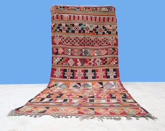 Tappeto vintage marocchino colorato, tappeto Kilim fatto a mano 11,7X5 fine, autentico tappeto Boujaad, tappeto boho autentico