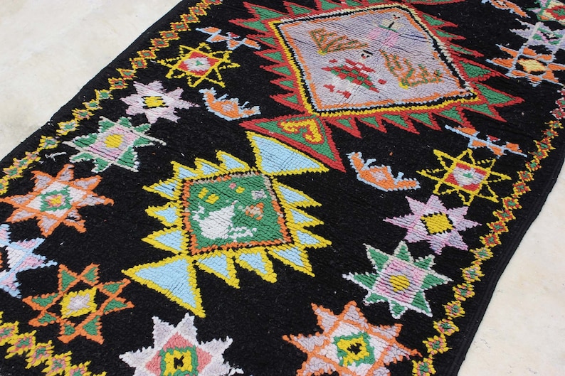 Vintage Moroccan Wool Rug, Beautiful Black Rug, Boujaad Runner Rug, Berber Authentic Rug, 9x5 Runner zdjęcie 8