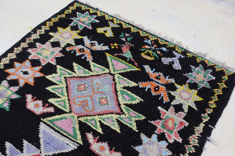 Vintage Moroccan Wool Rug, Beautiful Black Rug, Boujaad Runner Rug, Berber Authentic Rug, 9x5 Runner 画像 7