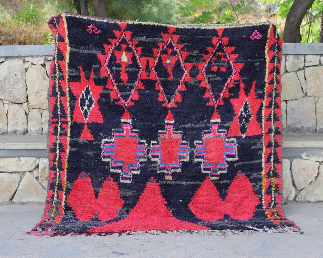 6x6 Square Boho Rug Moroccan Berber Rug Black & Red Rug Etsy