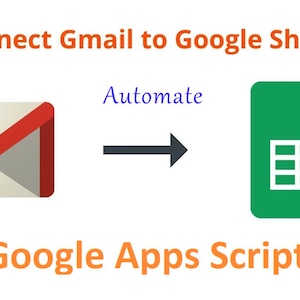 Può includere: Diagramma che illustra la connessione tra Gmail e Google Sheets. Presenta un'icona di busta Gmail con una 'M' rossa e un'icona verde di Google Sheets. Sono visualizzate anche le parole "Automate" e "Google Apps Script".
