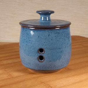 May include: A blue ceramic garlic keeper with a speckled glaze finish, featuring a rounded body, a matching lid with a central knob handle, and two circular ventilation holes positioned vertically on the front side of the container.