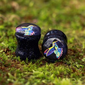 Hummingbird Stone Picture Plugs Gauges | Blue Sandstone Plugs | Double Flare Handmade tunnel