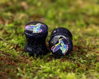 Hummingbird Stone Picture Plugs Gauges | Blue Sandstone Plugs | Double Flare Handmade tunnel