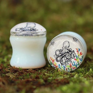 Octopus Stone Picture Plugs Gauges | Opalite Stone Plugs | Double Flare Handmade tunnel