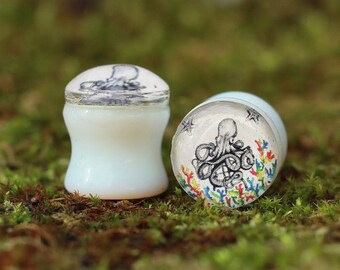 Octopus Stone Picture Plugs Gauges | Opalite Stone Plugs | Double Flare Handmade tunnel