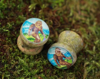 Big Foot With Garlic Stone Picture Plugs Gauges | Unakite Stone Plugs | Double Flare Handmade tunnel