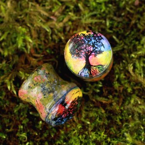 Tree of Life Stone Picture Plugs Gauges | Unakite Stone Plugs | Double Flare Handmade tunnel
