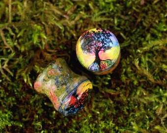 Tree of Life Stone Picture Plugs Gauges | Unakite Stone Plugs | Double Flare Handmade tunnel