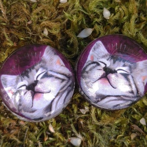 Cute Cat Stone Picture Plugs Gauges | Amethyst Stone Plugs | Double Flare Handmade tunnel